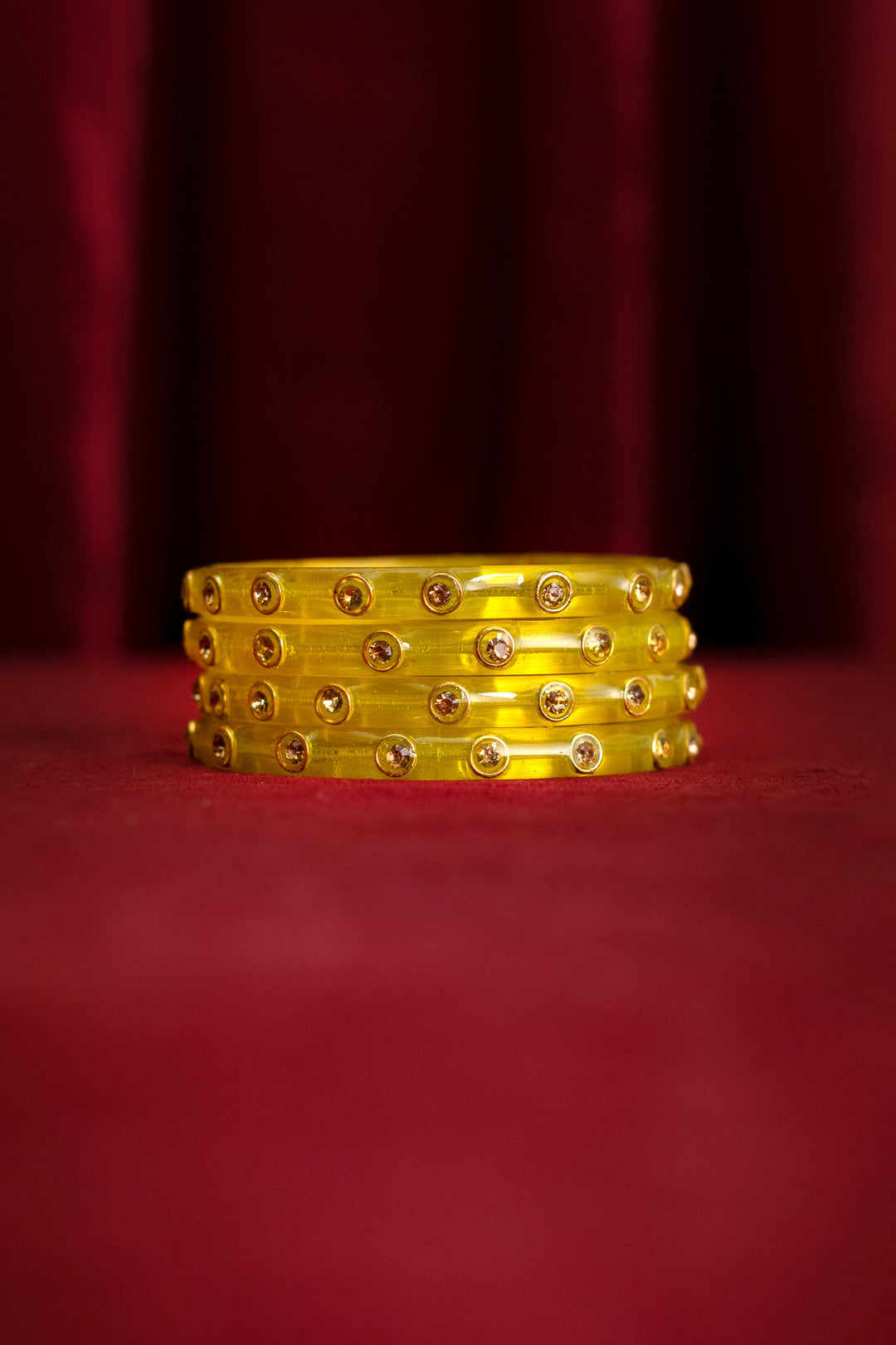 Fluorescent Yellow Set Of 4 Glass Bangle For Girls With Embellished Details