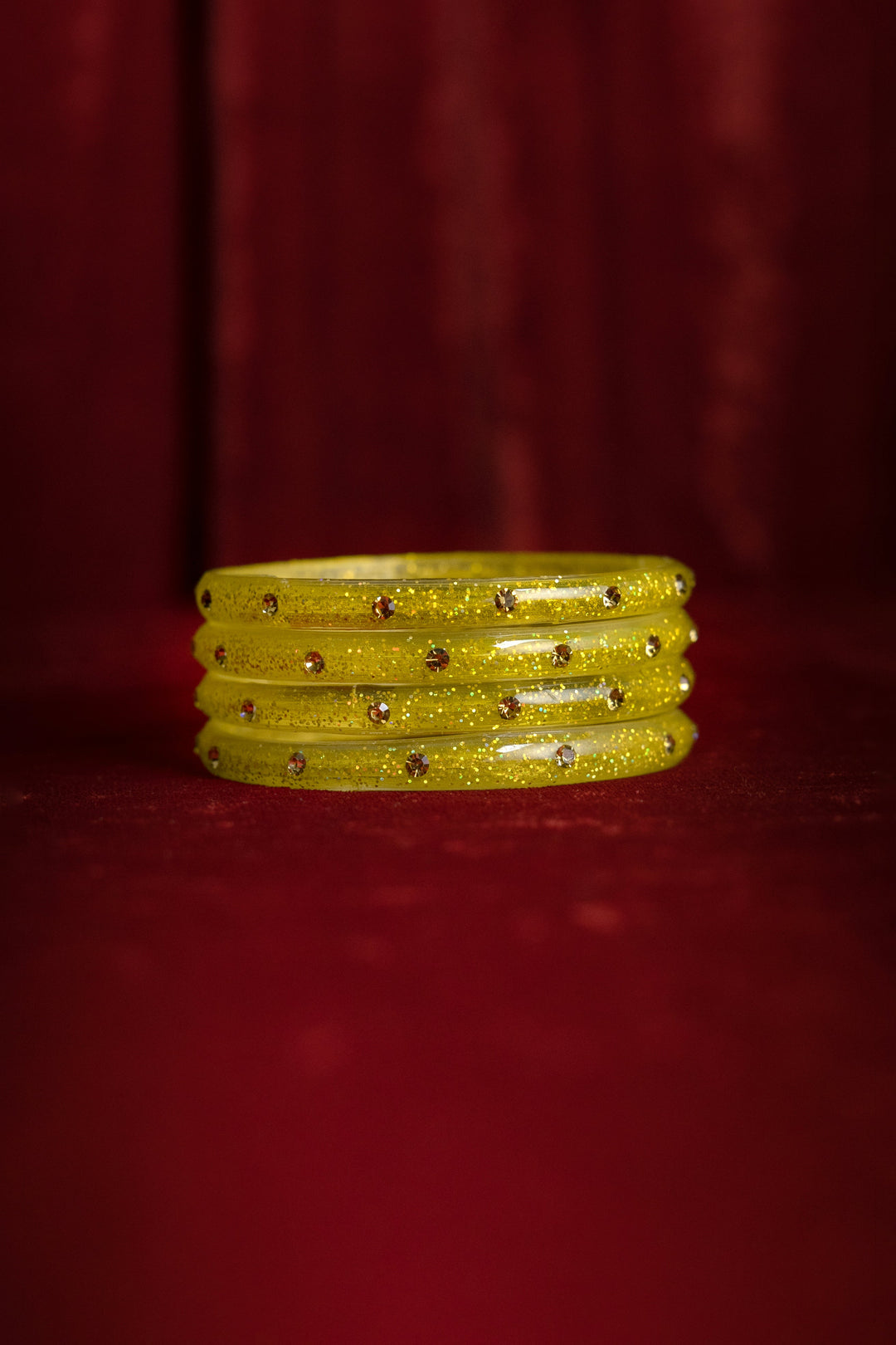 Lemon Yellow Modern Glass Bangles With Bursting Beads