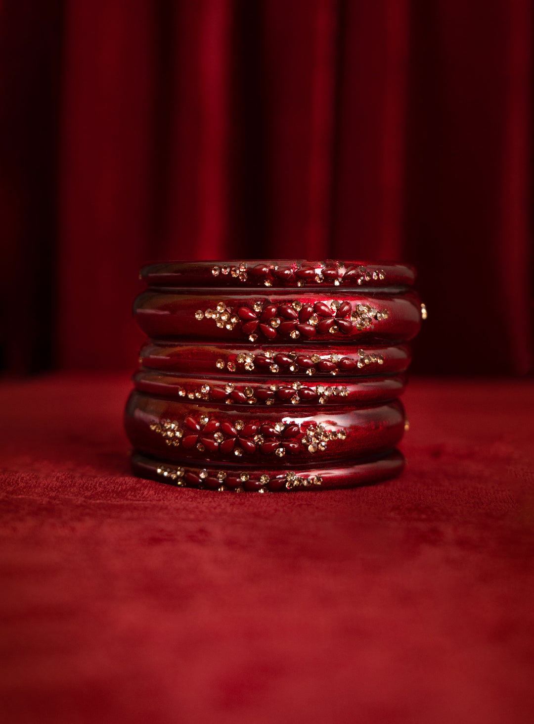 Maroon Embellished Glass Bangles For Women: Set Of 6