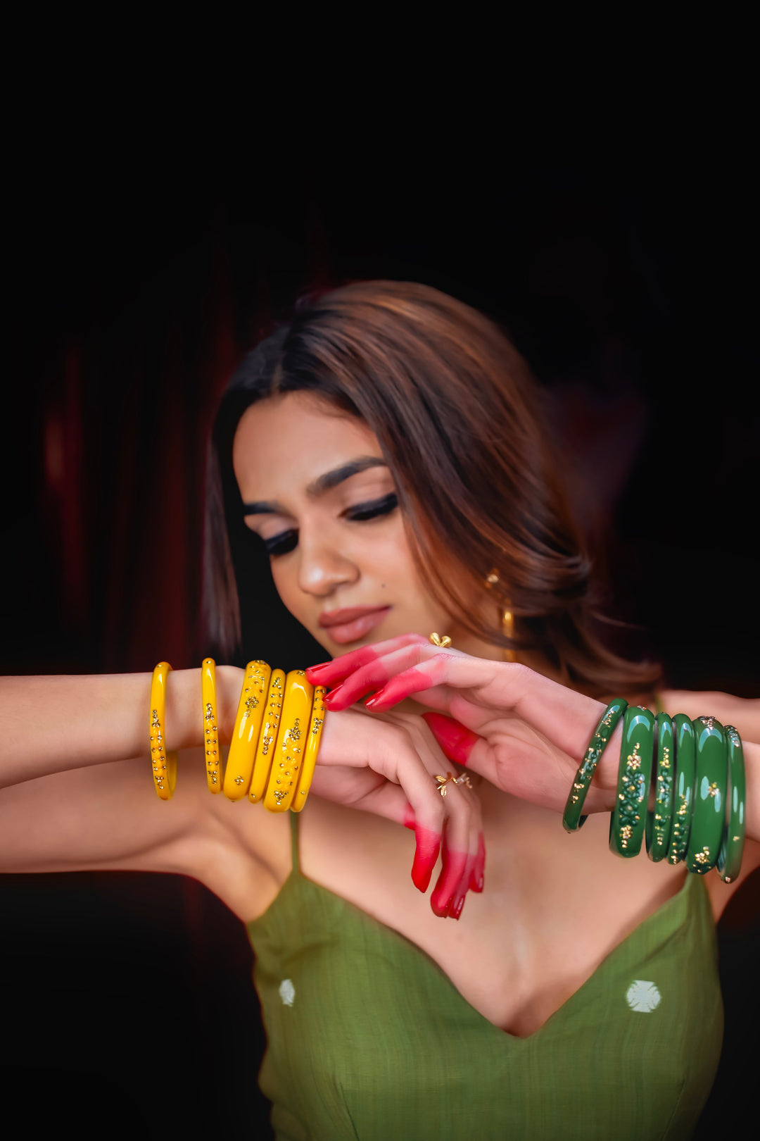 Mustard Yellow Embellished Glass Bangles For Women: Set Of 6