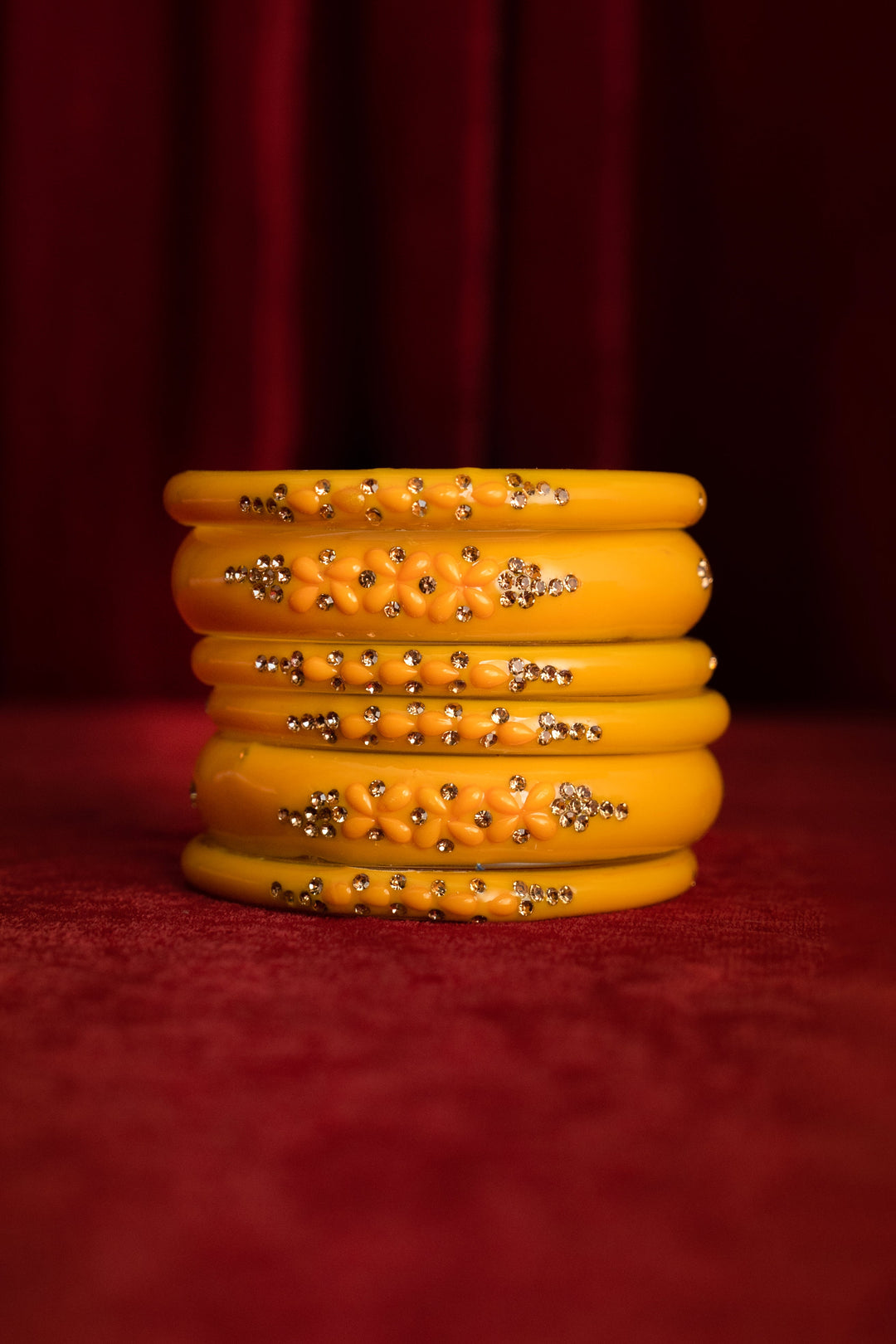 Mustard Yellow Embellished Glass Bangles For Women: Set Of 6