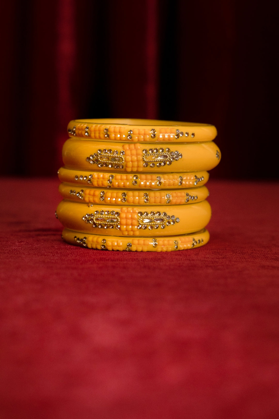 Mustard Yellow Glass Bangle For Women With Small Floral Embellishments