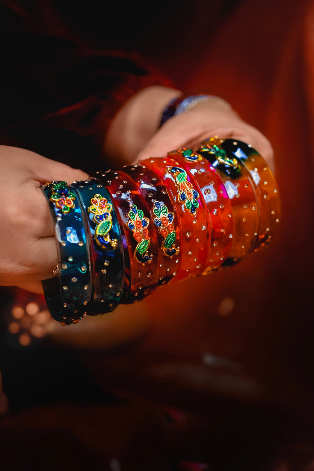 Set Of 2 Peacock Kada Bangle For Women: Red